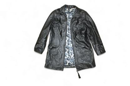 M - Vintage Coat L Black Leather, Suede panels, Blue floral lining, B