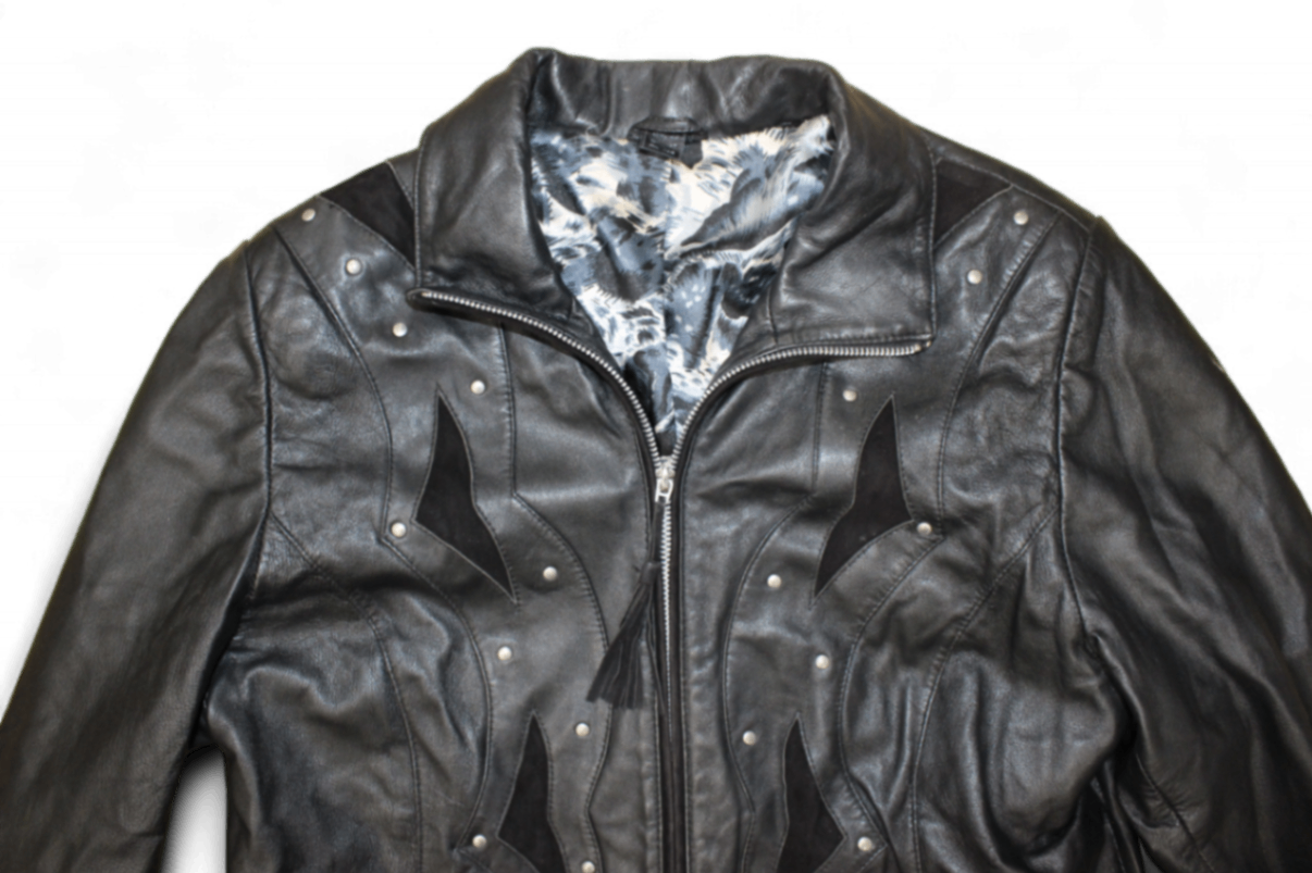 M - Vintage Coat L Black Leather, Suede panels, Blue floral lining, B