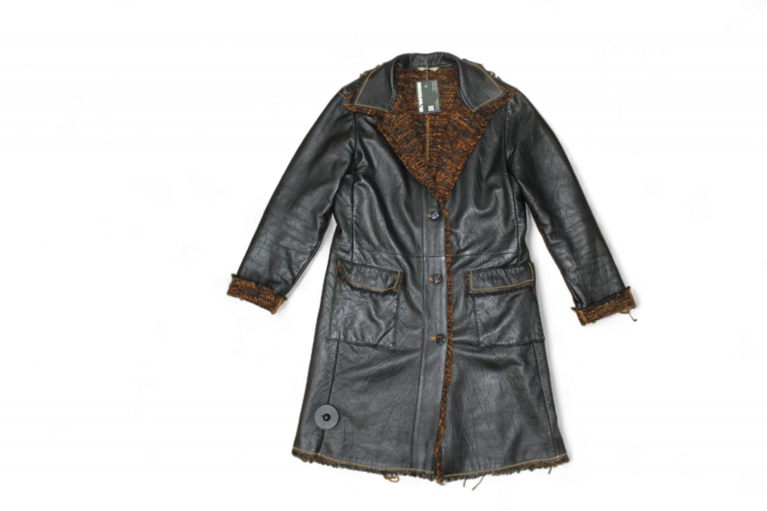 M - Vintage Coat M/L Black Leather, Tweed lining, Leonardo, T