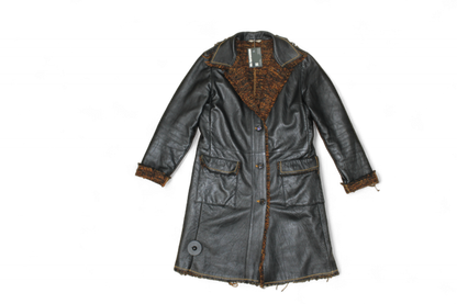 M - Vintage Coat M/L Black Leather, Tweed lining, Leonardo, T