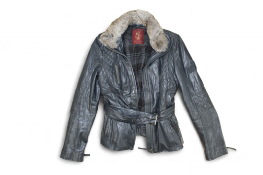 M - Vintage Jacket M Black Leather, Removable fur collar, Blaumax, B